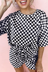Black Checkered Top and Drawstring Shorts Pajama Set